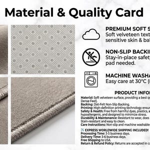 The image is a collage of four photographs depicting different aspects of a material and quality card. The collage includes close-up images of the material, a cloud-like pattern, a non-slip backing, and a machine washable feature. The collage provides detailed information about the material and quality card, including its soft velvet texture, premium soft surface, non-slip backing, machine washable feature, and product information.