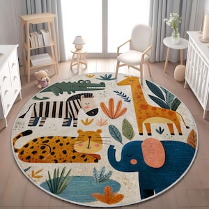 Safari Animals Nursery Rug Giraffe Elephant Zebra Crocodile Leopard Kids Play Mat, Jungle Round Rug for Baby Room, Wild One Birthday Gift