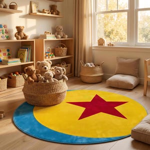 A cozy and inviting children's playroom filled with toys, books, and a large star-shaped rug on the floor.