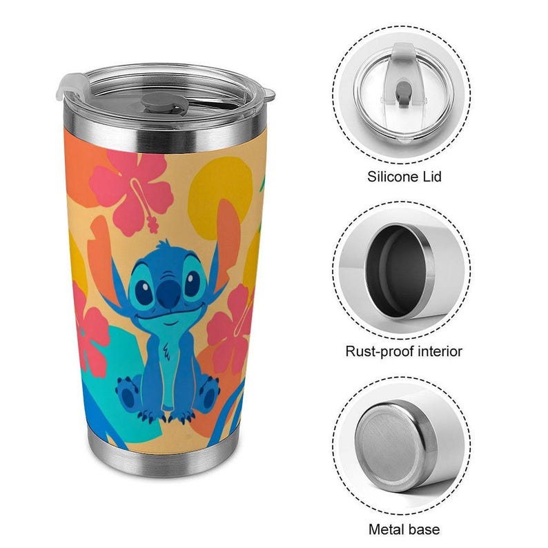 Disney Stitch 20oz Stainless Steel Tumbler, Lilo and Stitch Tropical Hibiscus Travel Mug, Hawaiian Blue Alien Insulated Cup with Straw image 5