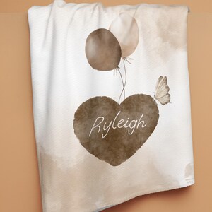 Personalized Baby Blanket, Beige Custom Name Blanket, Soft Newborn Fleece Wrap, Heart & Balloon Baby Blanket, Cozy Infant Bedding Gift