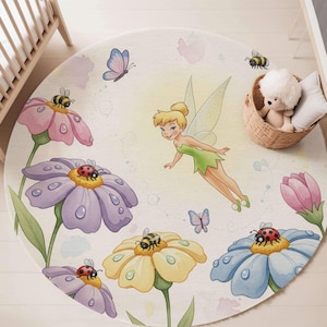 Tinkerbell Fairy Nursery Rug, Magical Garden Round Playmat, Soft Baby Girl Carpet, Floor Mat image 5
