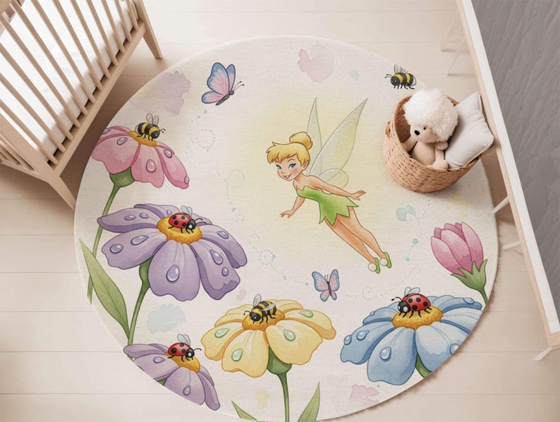Tinkerbell Fairy Nursery Rug, Magical Garden Round Playmat, Soft Baby Girl Carpet, Floor Mat image 5