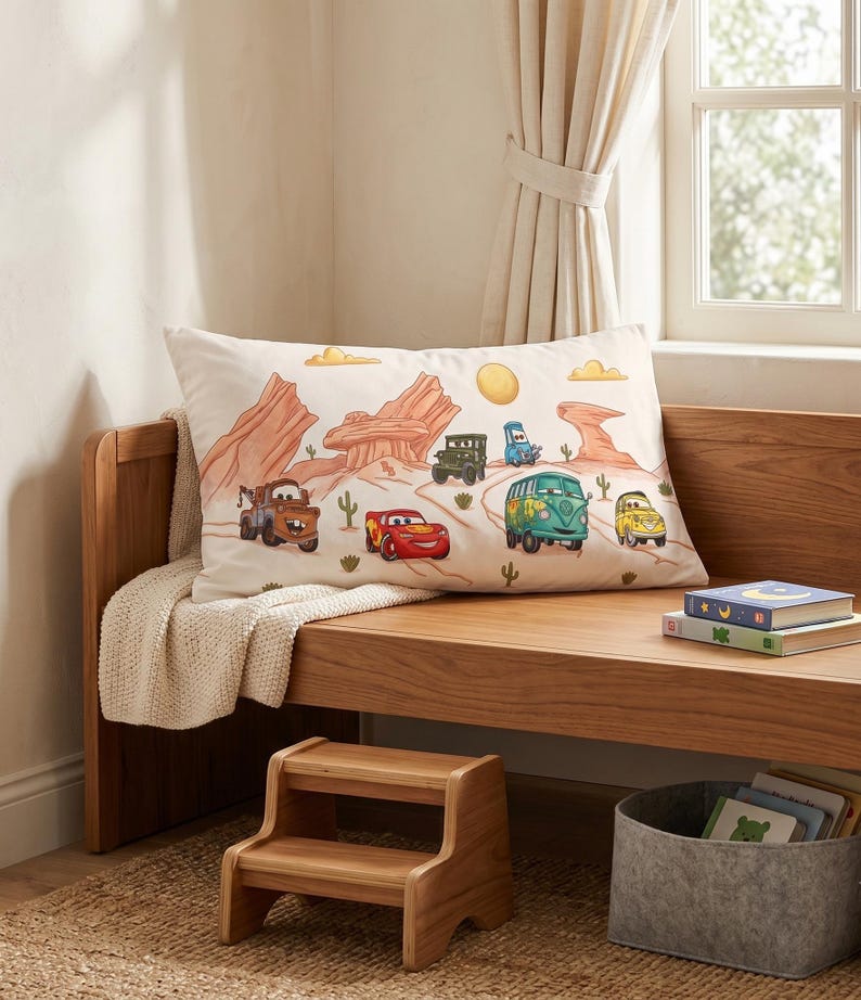 May include: A rectangular pillow featuring a printed desert landscape with cartoon characters from the movie Cars, including a red race car, a brown tow truck, a green van, and other vehicles, set against a backdrop of red rock formations and cacti.