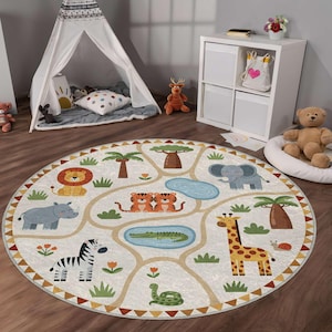 Jungle Safari Animals Rug: Soft Nursery Playroom Carpet image 4