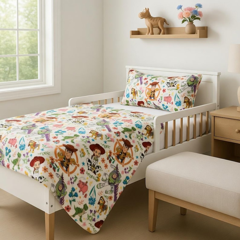 May include: A white toddler bed with a colorful blanket and pillow featuring characters from the Toy Story movie. The bedding has a repeating pattern of Woody, Buzz Lightyear, and other characters, along with flowers and other decorative elements.