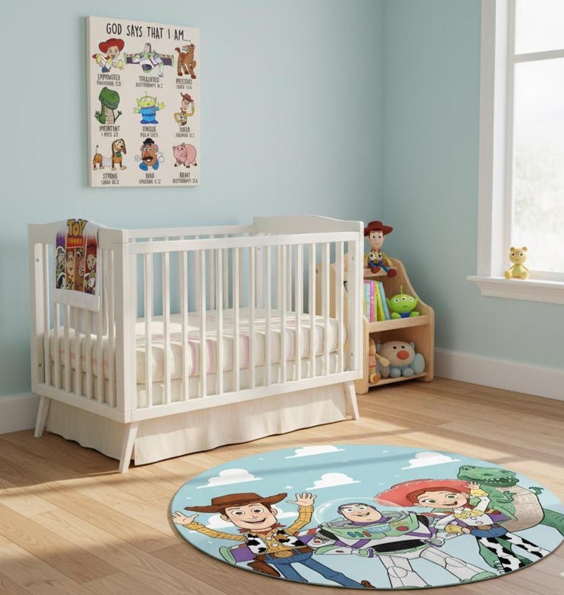 May include: A nursery scene featuring a white crib, a round rug with Toy Story characters, and a wooden bookshelf with toys. A framed print on the wall reads "GOD SAYS THAT I AM." The room has light blue walls and a window.
