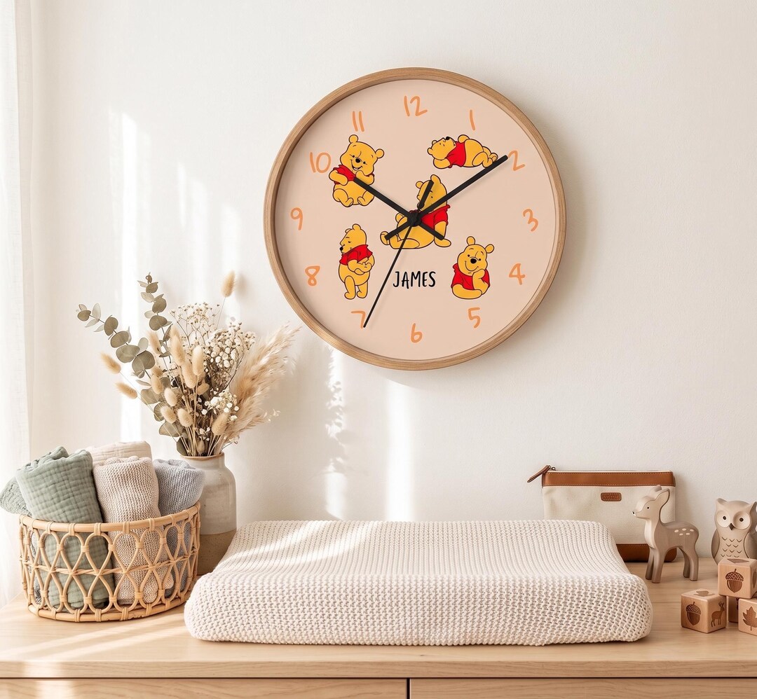 Winnie the Pooh Personalized Wall Clock: Custom Name Wooden