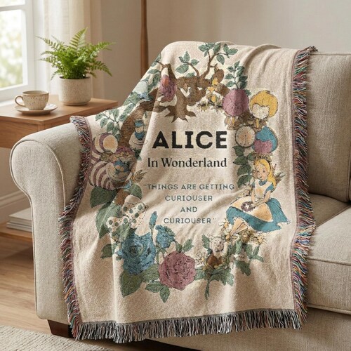 Alice in Wonderland Book Cover Woven Blanket | Alice Through The Looking Glass Tapestry Cheshire Cat White Rabbit Gift Mad Hatter Tea Party
