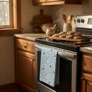 May include: A kitchen scene with a stainless steel oven and wooden cabinets. A blue and white patterned kitchen towel hangs on the oven door. A wooden cutting board holds freshly baked chocolate chip cookies. Steam rises from the cookies.
