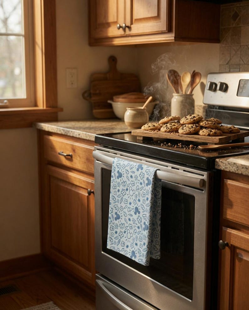 May include: A kitchen scene with a stainless steel oven and wooden cabinets. A blue and white patterned kitchen towel hangs on the oven door. A wooden cutting board holds freshly baked chocolate chip cookies. Steam rises from the cookies.