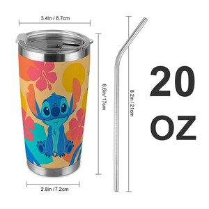 Disney Stitch 20oz Stainless Steel Tumbler, Lilo and Stitch Tropical Hibiscus Travel Mug, Hawaiian Blue Alien Insulated Cup with Straw image 2