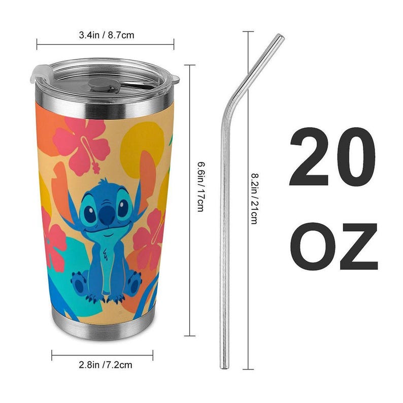 Disney Stitch 20oz Stainless Steel Tumbler, Lilo and Stitch Tropical Hibiscus Travel Mug, Hawaiian Blue Alien Insulated Cup with Straw image 2
