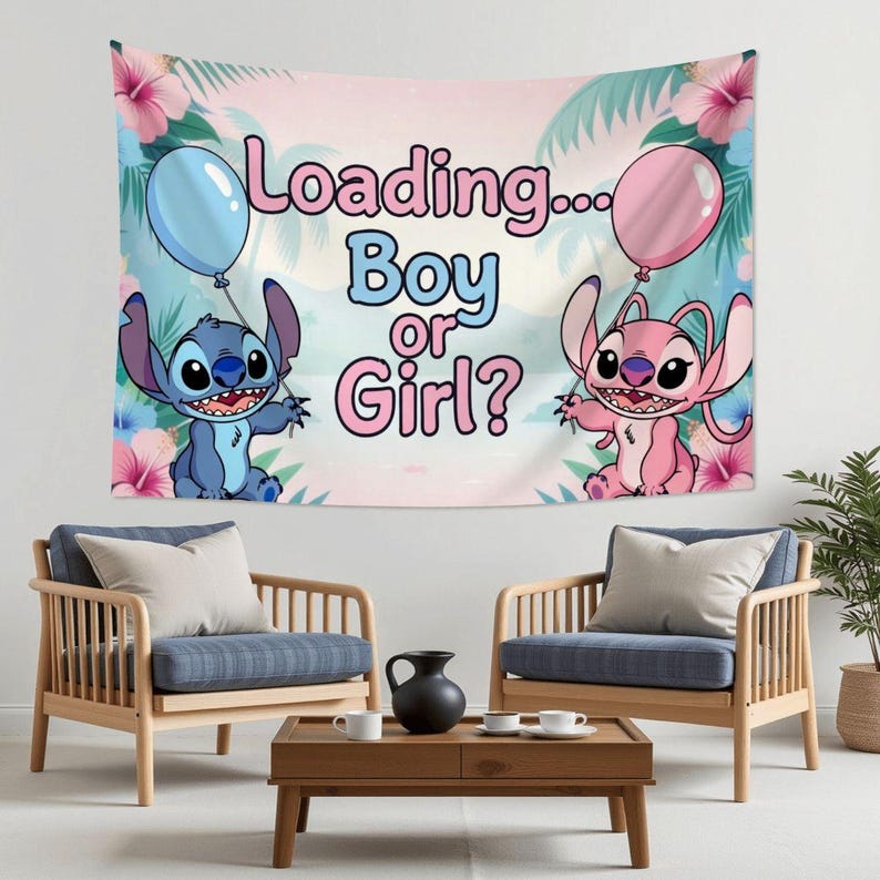 Disney Stitch Gender Reveal Polyester Tapestry Backdrop, Boy or Girl Banner 60x40 90x60 image 6