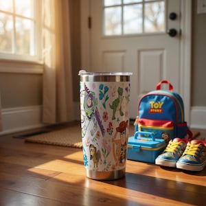 Puede incluir: Un vaso de acero inoxidable con personajes de la pel&iacute;cula Toy Story, incluyendo a Buzz Lightyear y Woody, rodeados de dise&ntilde;os florales. Una mochila azul, una fiambrera y zapatillas deportivas en el fondo.