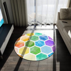 Sensory Rainbow Hexagon Nursery Rug: Soft Velveteen Baby Play Mat
