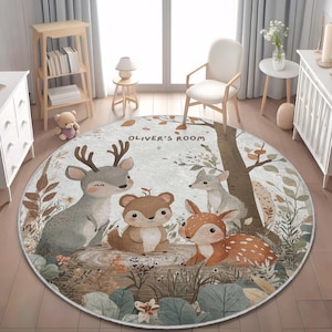 Benutzerdefinierte Waldtiere Teppich, personalisierte Kinderzimmer Dekor, benutzerdefinierte Name Kinderzimmer Teppich, Hirsch Fuchs Bär Teppich, Naturspielmatte, Baby-Dusche-Geschenk