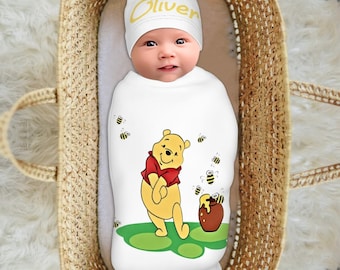 Personalized Winnie The Pooh Baby Swaddle Blanket with Knot