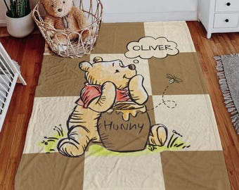 Manta de guardería de Winnie The Pooh: peluche de terciopelo con nombre de bebé personalizado