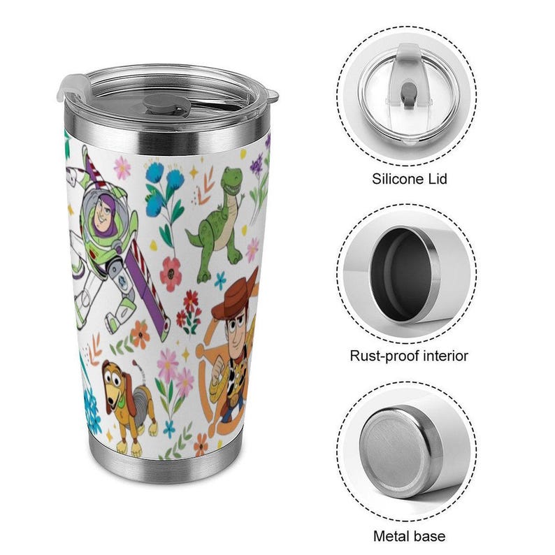 Vaso térmico de acero inoxidable de 590 ml con personajes de Toy Story, taza de viaje de Woody, Buzz, Jessie y Rex, vaso térmico floral de Disney con pajita. imagen 6