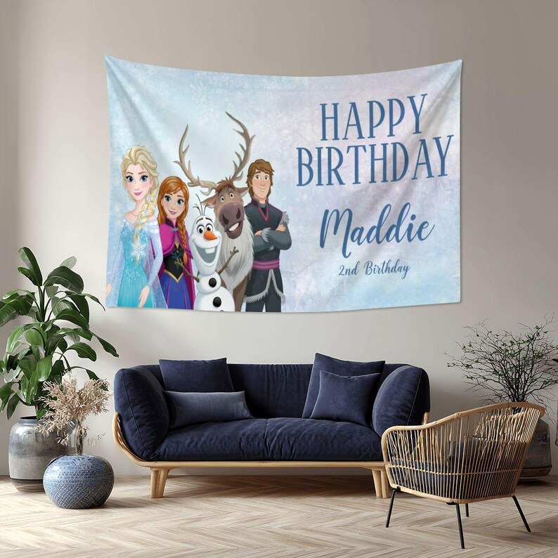 Frozen Birthday Backdrop, Elsa Anna Olaf Party Banner, Personalized Frozen Tapestry, Winter Onederland Decor, Custom Princess Birthday Gift image 3