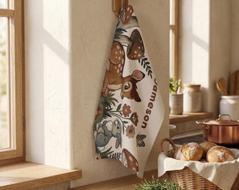 Disney Bambi Thumper Tea Towel: Personalized Microfiber Kitchen Dish Cloth, Woodland Forest Nursery Decor, Custom Fawn Rabbit Gift for Her