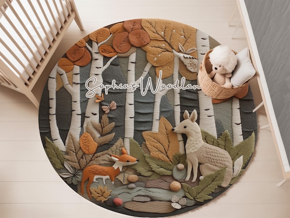 Personalized Woodland Animals Rug: Custom Nursery Decor