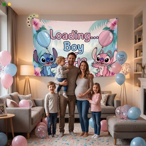 May include: A gender reveal party backdrop with the text "Loading... Boy or Girl?" features Stitch and Angel characters holding balloons. Pink and blue balloons are scattered around the room, with a family posing in front of the banner.