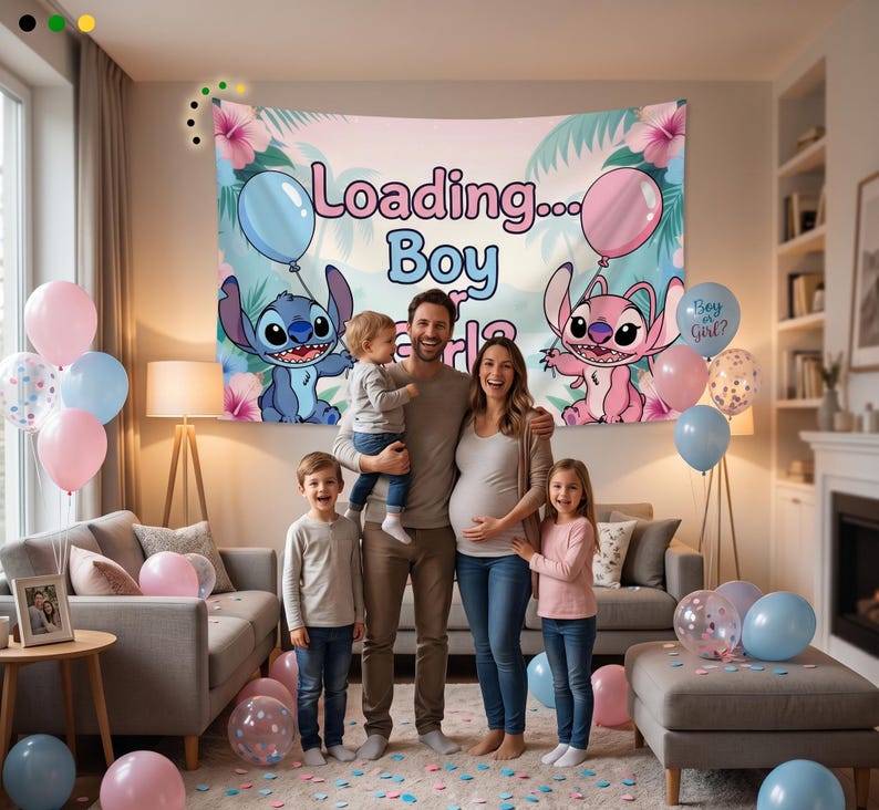 May include: A gender reveal party backdrop with the text "Loading... Boy or Girl?" features Stitch and Angel characters holding balloons. Pink and blue balloons are scattered around the room, with a family posing in front of the banner.