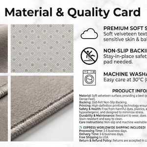 The image is a collage of four photographs depicting different aspects of a material and quality card. The collage includes close-up images of the material, a cloud-like pattern, a non-slip backing, and a machine washable feature. The collage provides detailed information about the material and quality card, including its soft velvet texture, premium soft surface, non-slip backing, machine washable feature, and product information.