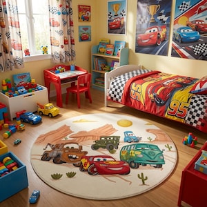 Puede incluir: Una alfombra redonda con un paisaje desértico y personajes de dibujos animados, incluyendo un coche de carreras rojo, una grúa marrón, una furgoneta verde y un vehículo todoterreno verde, con pequeños cactus sobre un fondo beige claro.