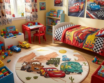 Custom Disney Cars Lightning McQueen Round Velveteen Nursery Rug