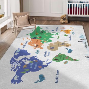 Tapis carte du monde animal pour chambre de bébé, tapis éducatif pour enfants pour l'apprentissage, carte amusante de la faune, tapis océans et continents dessinés à la main