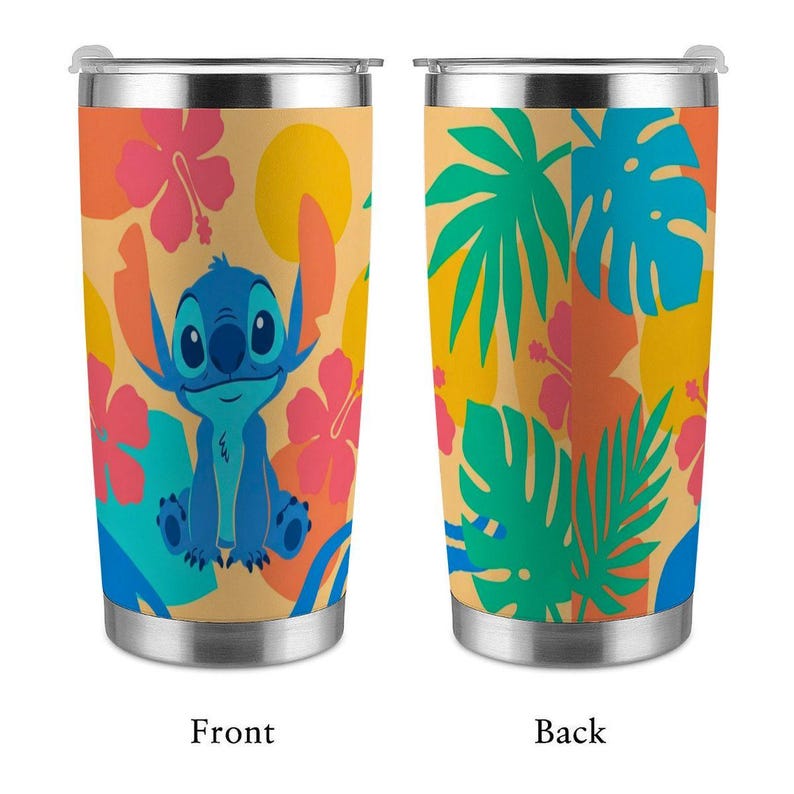 Disney Stitch 20oz Stainless Steel Tumbler, Lilo and Stitch Tropical Hibiscus Travel Mug, Hawaiian Blue Alien Insulated Cup with Straw image 4