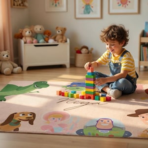 Tappeto personalizzato in velluto a tema Disney Toy Story per la cameretta dei bambini, con Woody e Buzz.