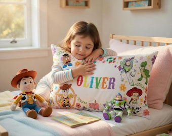 Toy Story Pillow Case Custom Name, Woody Buzz Lightyear Jessie Rex Pillow Sham, Disney Kids Bedding, Toy Story Nursery Decor