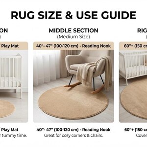 The image is a rug size and use guide, providing information on rug sizes and their corresponding uses. It includes three different rug sizes and corresponding images of a crib, a rocking chair, and a rug. The guide provides information on the rug size and its use in the context of a nursery, such as the rug size for a crib, a rocking chair, and a rug for a room centerpiece. The guide also mentions that the rug size is perfect for both babies and pets, and it covers the nursery floor.