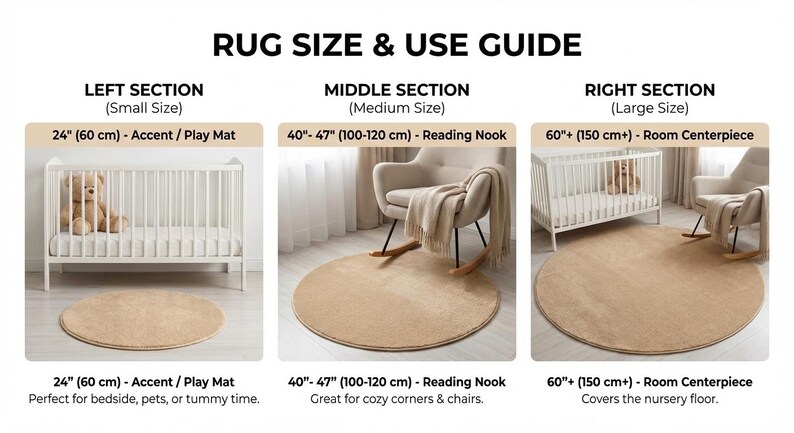 The image is a rug size and use guide, providing information on rug sizes and their corresponding uses. It includes three different rug sizes and corresponding images of a crib, a rocking chair, and a rug. The guide provides information on the rug size and its use in the context of a nursery, such as the rug size for a crib, a rocking chair, and a rug for a room centerpiece. The guide also mentions that the rug size is perfect for both babies and pets, and it covers the nursery floor.