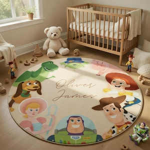 Toy Story-matta personlig Woody Buzz Lightyear barnrumsdekor, anpassad Disney-barnrumsmatta, Toy Story-födelsedagspresent, rund lekmatta