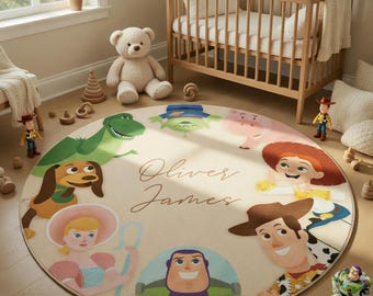 Tapis Toy Story personnalisé déco chambre d'enfant Woody Buzz l'Éclair, tapis de chambre d'enfant Disney personnalisé, cadeau d'anniversaire Toy Story, tapis de jeu rond