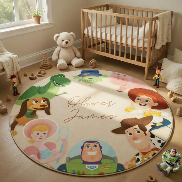 Toy Story Rug Personalized Woody Buzz Lightyear Nursery Decor, Custom Disney Kids Room Rug, Toy Story Birthday Gift, Round Play Mat