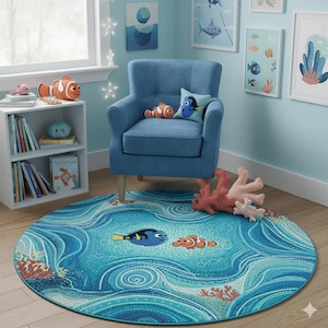 Nemo Rug, Aboriginal Dot Art Playmat, Undersea Blue | Low-Pile Velveteen | Nursery, Toddler