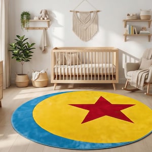 A cozy nursery with a wooden crib, rocking chair, and shelves displaying stuffed animals and plants. The room has a warm and inviting atmosphere, with a colorful rug featuring a yellow and blue star design in the center.