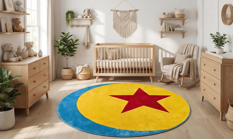A cozy nursery with a wooden crib, rocking chair, and shelves displaying stuffed animals and plants. The room has a warm and inviting atmosphere, with a colorful rug featuring a yellow and blue star design in the center.