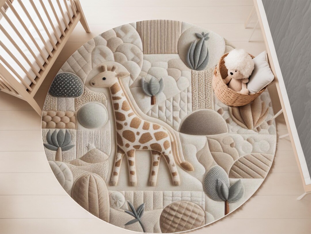 Giraffe Round Baby Room Rug - Safari Nursery Carpet, Kids Jungle Animal ...