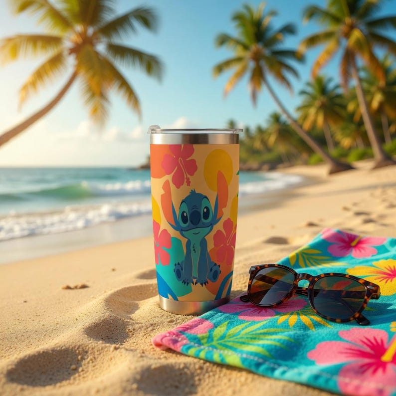 May include: A stainless steel tumbler featuring a cartoon character design with a tropical floral pattern. The tumbler is on a sandy beach with sunglasses and a colorful towel. Palm trees and ocean in the background.