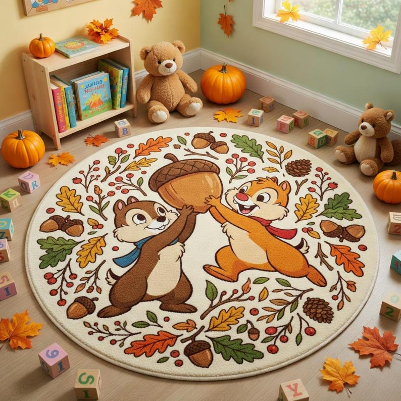 Chip N Dale Round Rug, Disney Nursery Decor, Squirrel Acorn Rug for ...