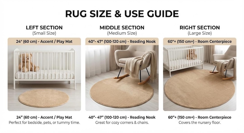 The image is a rug size and use guide, providing information on rug sizes and their corresponding uses. It includes three different rug sizes and corresponding images of a crib, a rocking chair, and a rug. The guide provides information on the rug size and its use in the context of a nursery, such as the rug size for a crib, a rocking chair, and a rug for a room centerpiece. The guide also mentions that the rug size is perfect for both babies and pets, and it covers the nursery floor.