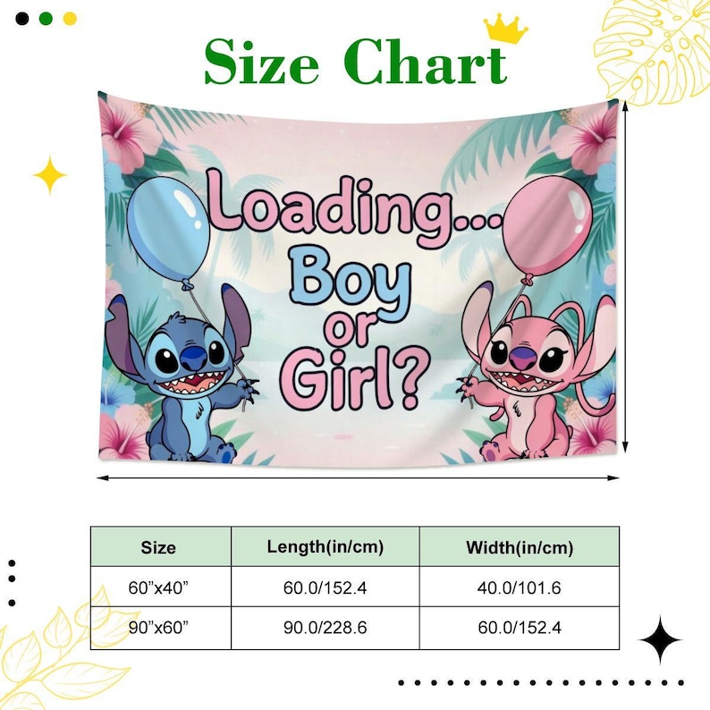 Disney Stitch Gender Reveal Polyester Tapestry Backdrop, Boy or Girl Banner 60x40 90x60 image 3