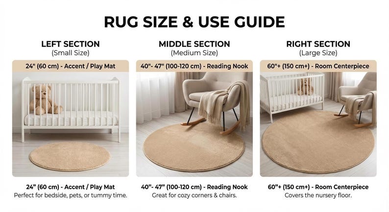 The image is a rug size and use guide, providing information on rug sizes and their corresponding uses. It includes three different rug sizes and corresponding images of a crib, a rocking chair, and a rug. The guide provides information on the rug size and its use in the context of a nursery, such as the rug size for a crib, a rocking chair, and a rug for a room centerpiece. The guide also mentions that the rug size is perfect for both babies and pets, and it covers the nursery floor.